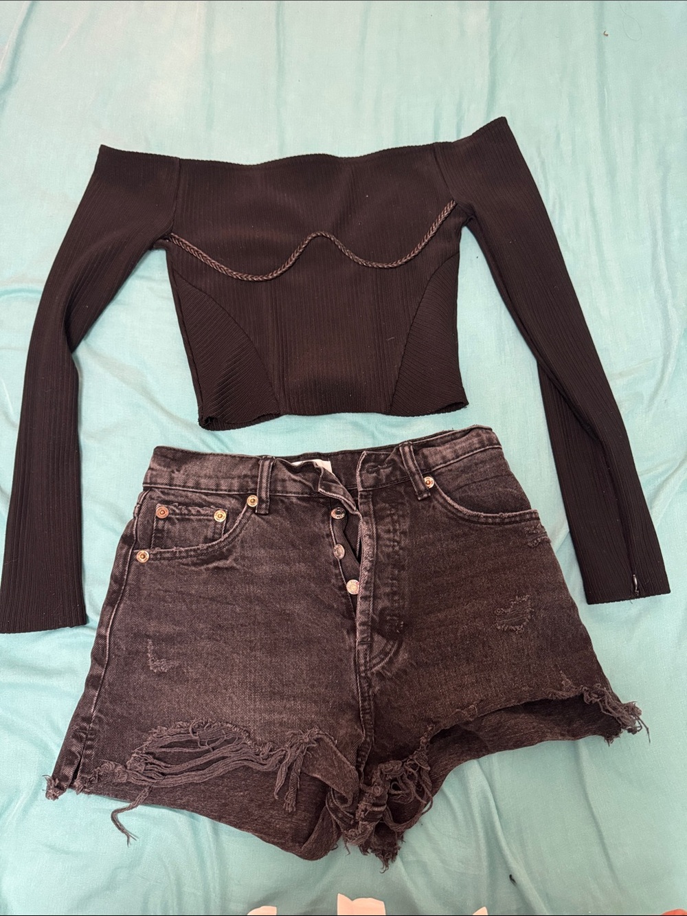 Black Off-Shoulder Ribbed Long-Sleeve Top, and Black Zara Shorts